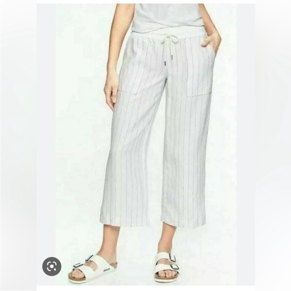Athleta Bali Linen Cropped Pants Size 12P White Stripe Drawstring Pull On Beach - Picture 1 of 14